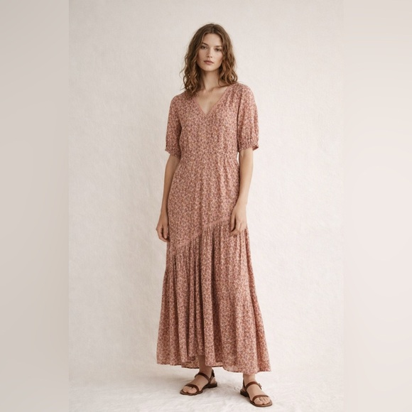 Sundance Dresses & Skirts - Sundance orange & brown floral print lace trim asymmetric flounce maxi dress. S